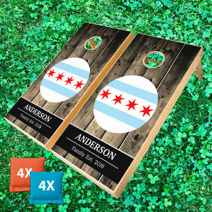 Illinois & Chicago Flag Rustic Wood / Family fun Cornhole Set