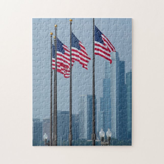 Illinois, Chicago. Navy Pier, US flags flying Jigsaw Puzzle (Vertical)