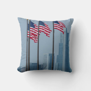 Illinois, Chicago. Navy Pier, US flags flying Throw Pillow