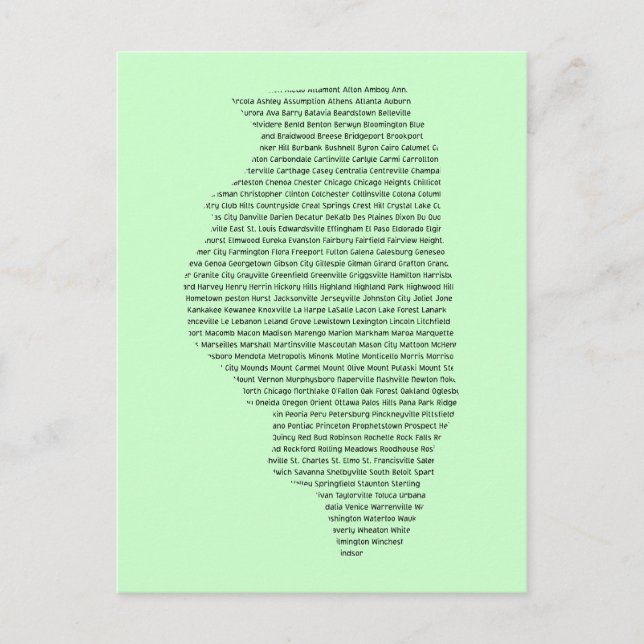 Illinois city names on state map shape postcard (Front)