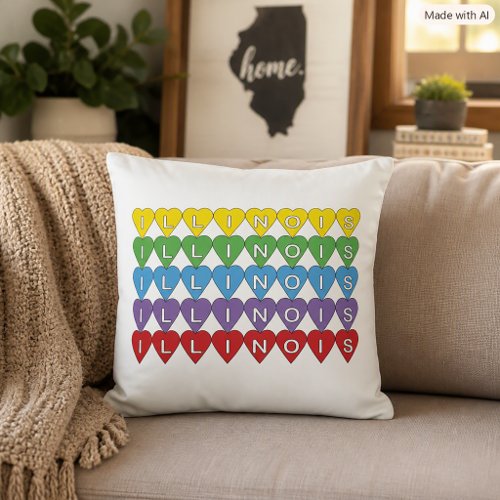Illinois Colorful Heart Love Throw Pillow