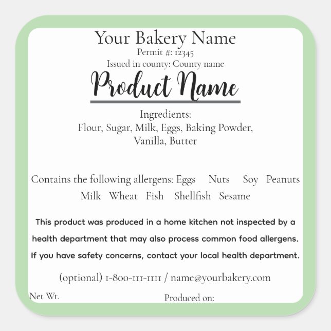Illinois Cottage Food Business Green Baking Label (Front)