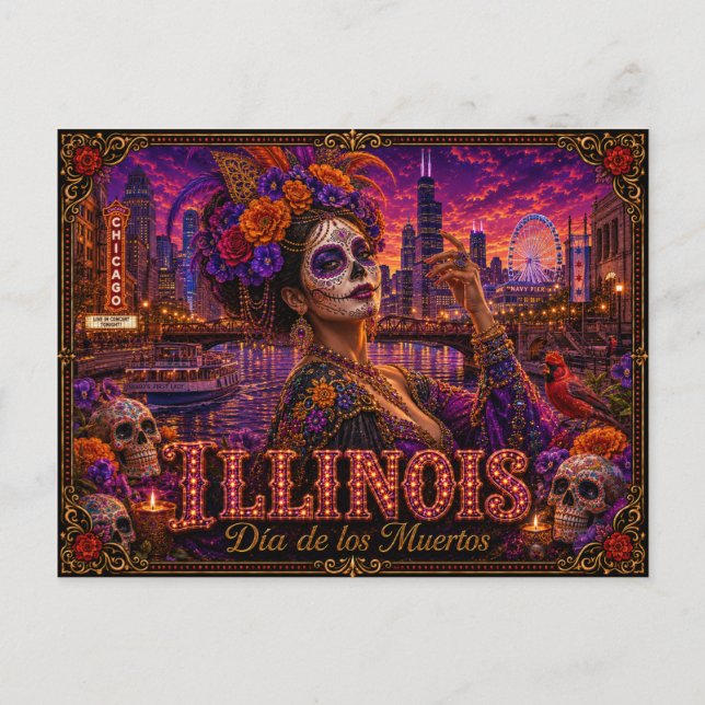 Illinois Día de los Muertos Retro Postcard (Front)