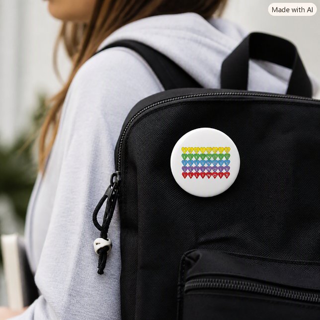 Illinois Heart Pattern Rainbow State Pride Design Button (A pin back button that says Illinois in yellow, green, blue, purple & red hearts.)