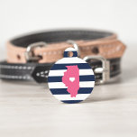 Illinois Heart Pet ID Tag<br><div class="desc">Let your furry friend show some home state pride with this cute Illinois ID tag. Design features a white silhouette map of the state of Illinois in pink with a white heart inside, on a preppy navy blue and white stripe background. Add your pet's name and contact information to the...</div>