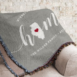 Illinois Home State Personalized Rustic Throw Blanket<br><div class="desc">Show some home state pride with this cute rustic gray throw blanket featuring "home" in white calligraphy script lettering with a silhouette map of the state of Illinois standing in for the letter "O." A pink heart illustration inside the state map completes the design; you can change the position of...</div>