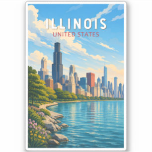 Illinois Illustration Travel Art Vintage Sticker