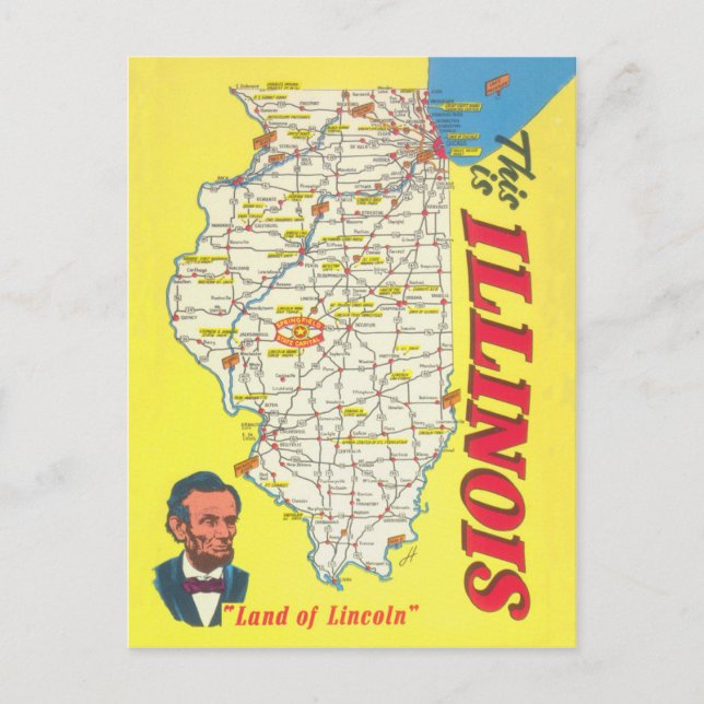 Illinois map vintage tourism postcard (Front)