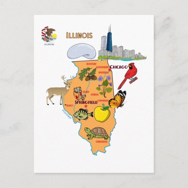 Illinois Map with Tourist Destinations Postcard (Front)