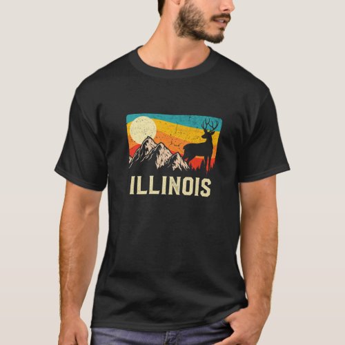 Illinois Nature Wild Deer Retro Sunset Hiking T_Shirt