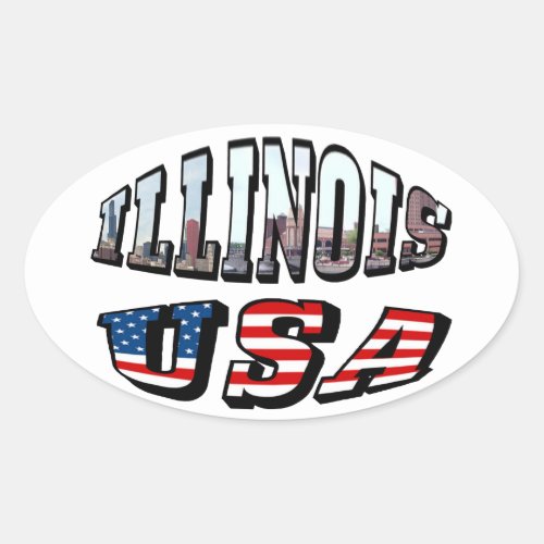 Illinois Picture and USA Flag Text Oval Sticker