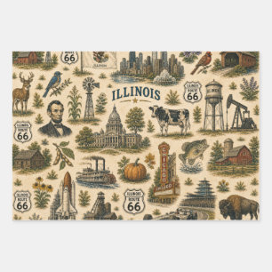 Illinois Route 66 Skyline Gift Wrapping Paper Sheets