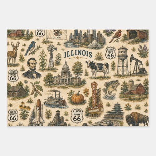 Illinois Route 66 Skyline Gift Wrapping Paper Sheets