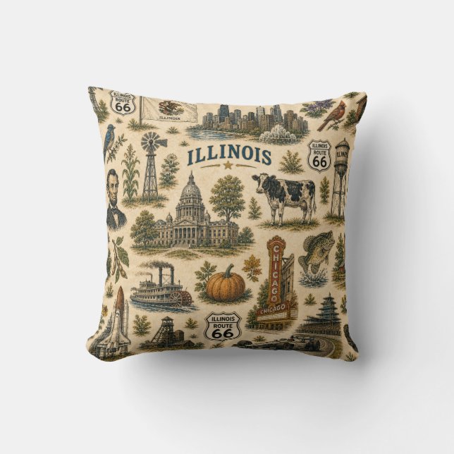 Illinois Route 66 Sofa Skyline Throw Pillow (Front)