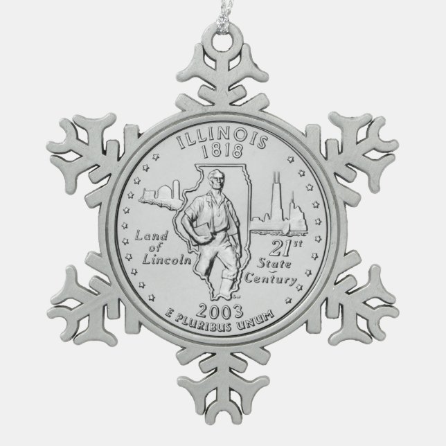 Illinois State Quarter Snowflake Pewter Christmas Ornament (Front)