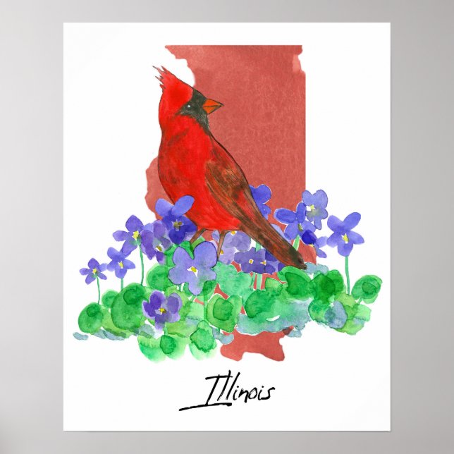 Illinois State Shape Cardinal Purple Wood Violets Poster (Front)