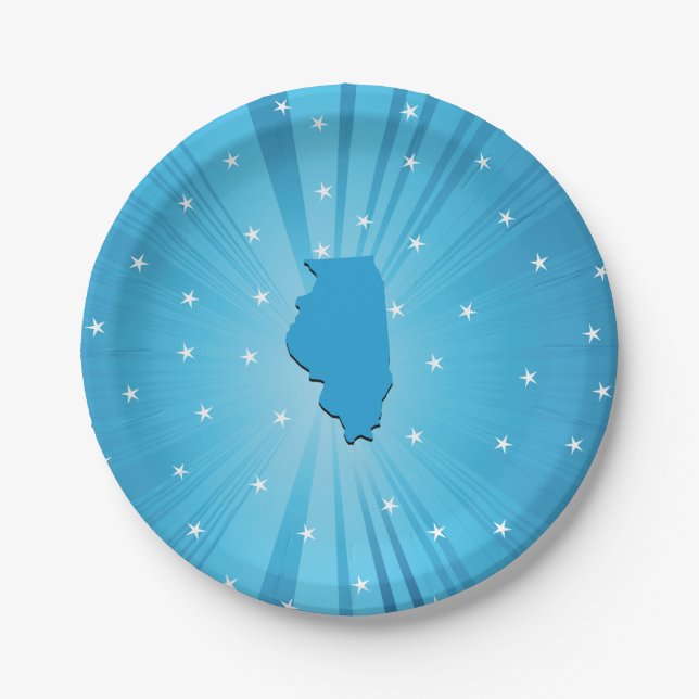 Illinois State Silhouette Blue Starburst Paper Plates (Front)