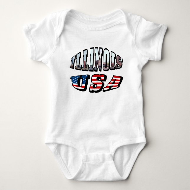 Illinois USA Flag & State Photo Text Baby Bodysuit (Front)