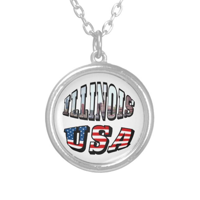 Illinois USA Flag & State Photo Text Round Silver Plated Necklace (Front)