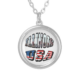 Illinois USA Flag & State Photo Text Silver Plated Necklace