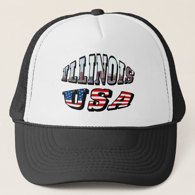Illinois USA Flag & State Photo Text Trucker Hat (Front)