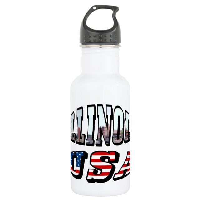Illinois USA Flag & State Photo Text Water Bottle (Front)