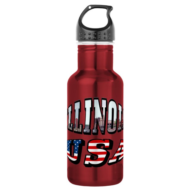 Illinois USA Flag & State Photo Text Water Bottle (Front)