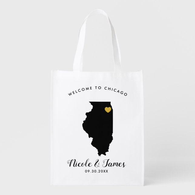 Illinois Wedding Welcome Bag Tote, Gold Heart (Front)