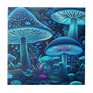 Illuminate Your Space with Magic Blue Mushrooms Ceramic Tile
