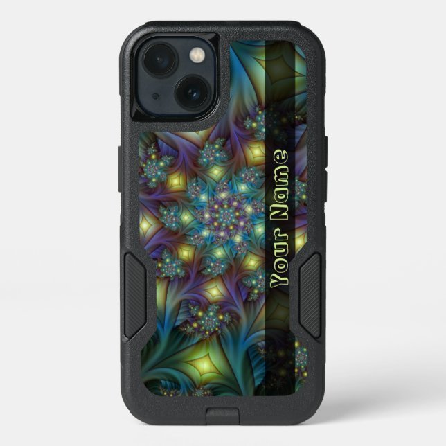 Illuminated Abstract Shiny Teal Fractal Art Name Otterbox iPhone Case (Back)
