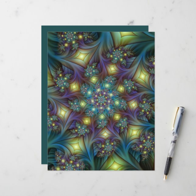 Illuminated Abstract Shiny Teal Purple Fractal Art (Front/Back In Situ)
