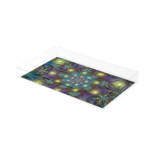 Illuminated Abstract Shiny Teal Purple Fractal Art Acrylic Tray