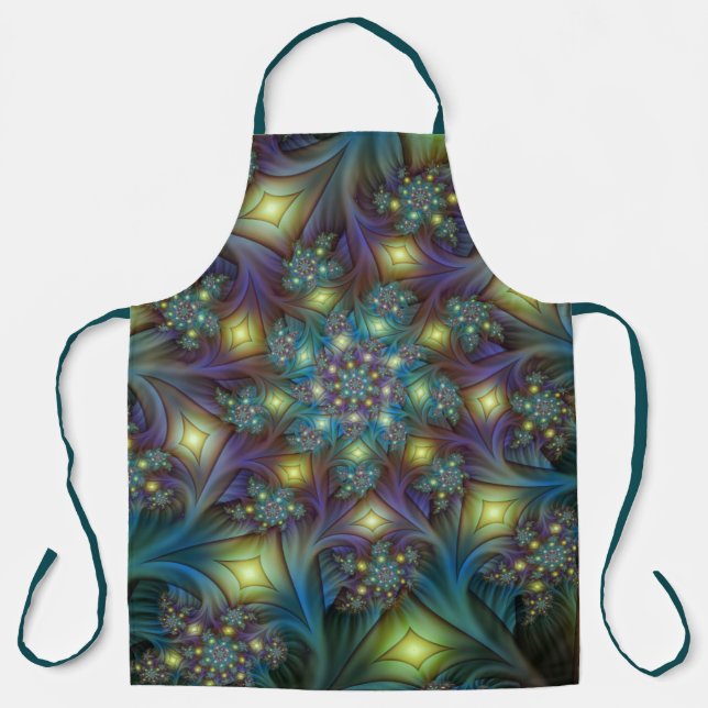 Illuminated Abstract Shiny Teal Purple Fractal Art Apron (Front)