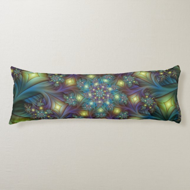Illuminated Abstract Shiny Teal Purple Fractal Art Body Pillow (Front)
