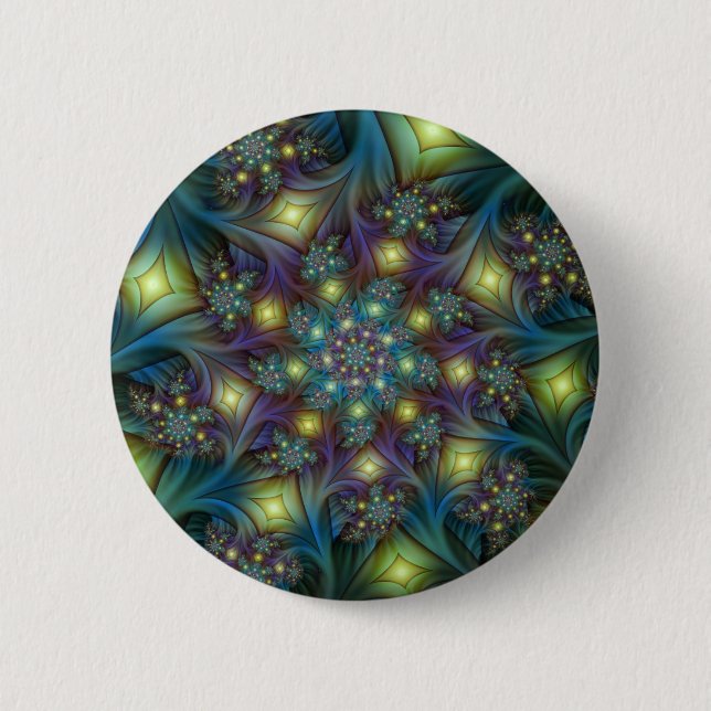 Illuminated Abstract Shiny Teal Purple Fractal Art Button (Front)