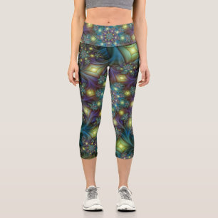 Illuminated Abstract Shiny Teal Purple Fractal Art Capri Leggings