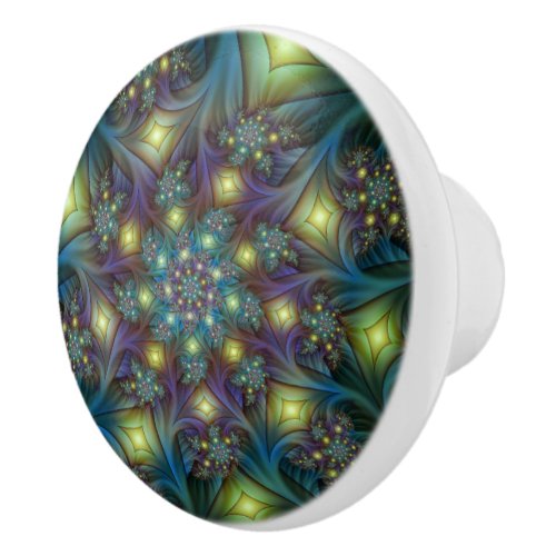 Illuminated Abstract Shiny Teal Purple Fractal Art Ceramic Knob