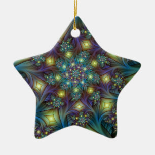 Illuminated Abstract Shiny Teal Purple Fractal Art Ceramic Ornament