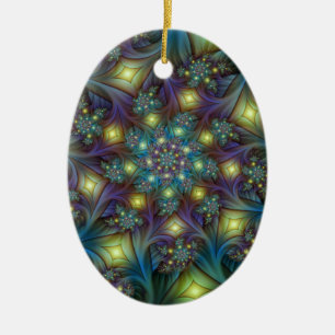 Illuminated Abstract Shiny Teal Purple Fractal Art Ceramic Ornament