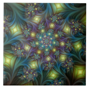 Illuminated Abstract Shiny Teal Purple Fractal Art Ceramic Tile
