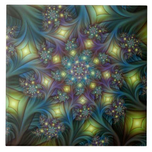 Illuminated Abstract Shiny Teal Purple Fractal Art Ceramic Tile