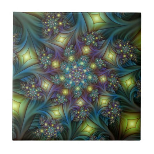 Illuminated Abstract Shiny Teal Purple Fractal Art Ceramic Tile