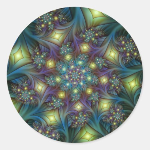 Illuminated Abstract Shiny Teal Purple Fractal Art Classic Round Sticker