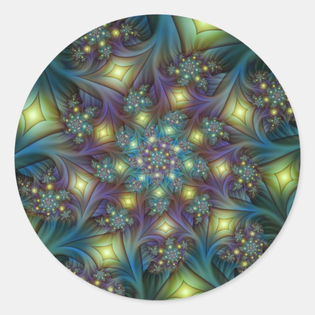 Illuminated Abstract Shiny Teal Purple Fractal Art Classic Round Sticker (Front)