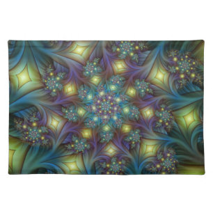 Illuminated Abstract Shiny Teal Purple Fractal Art Cloth Placemat