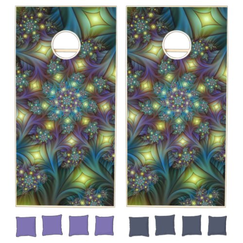 Illuminated Abstract Shiny Teal Purple Fractal Art Cornhole Set