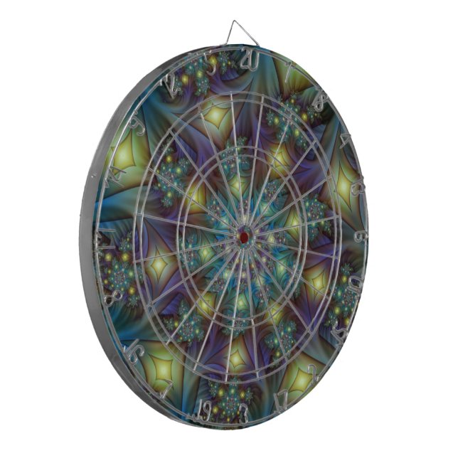 Illuminated Abstract Shiny Teal Purple Fractal Art Dart Board (Front Left)