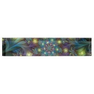 Illuminated Abstract Shiny Teal Purple Fractal Art Desk Name Plate