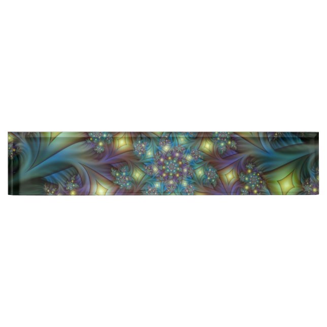 Illuminated Abstract Shiny Teal Purple Fractal Art Desk Name Plate (Front)