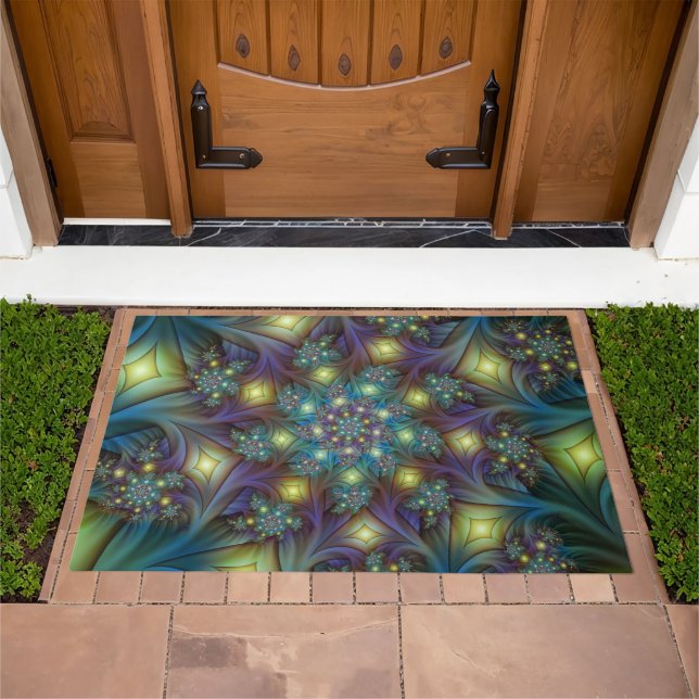 Illuminated Abstract Shiny Teal Purple Fractal Art Doormat (Outdoor)